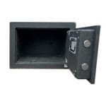 Begagnat värdeskåp. Öppet läge. Blå.